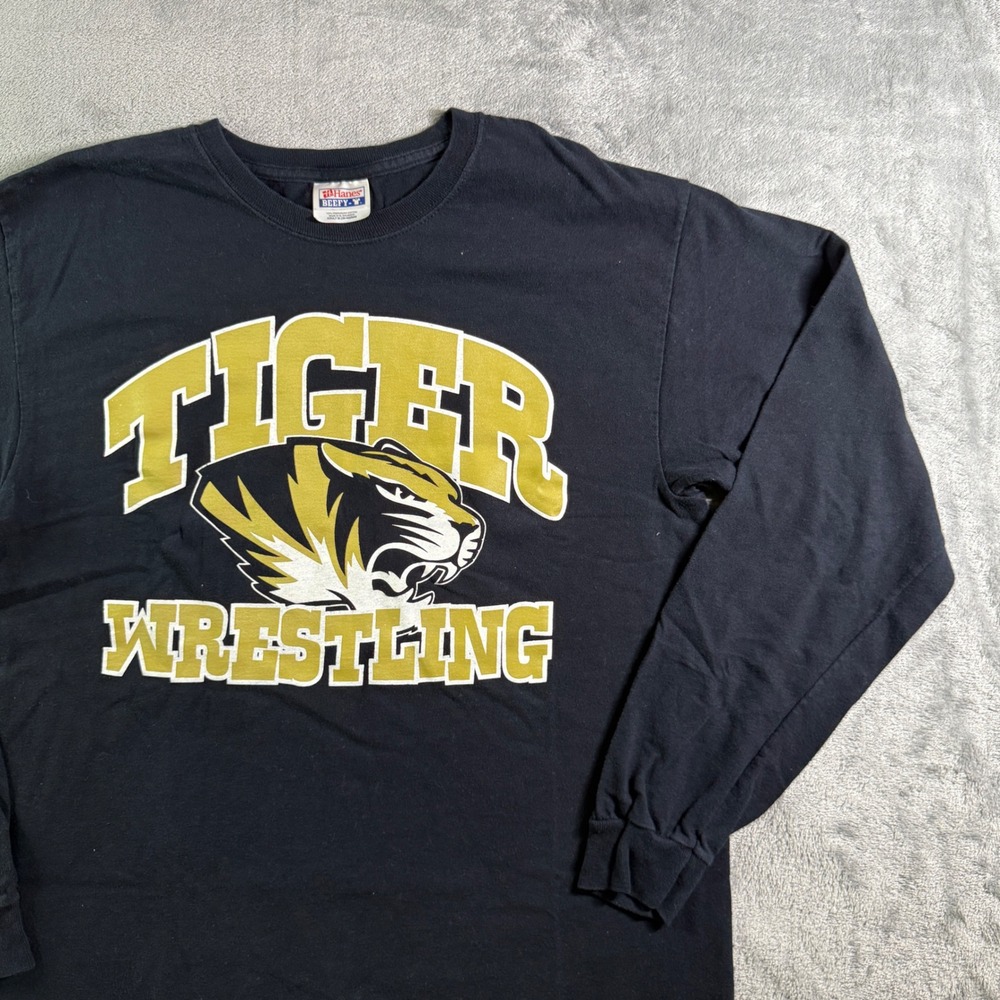 VTG Tiger Wrestling Long Sleeve T Shirt Hanes Beefy Tee Black Gold Medium